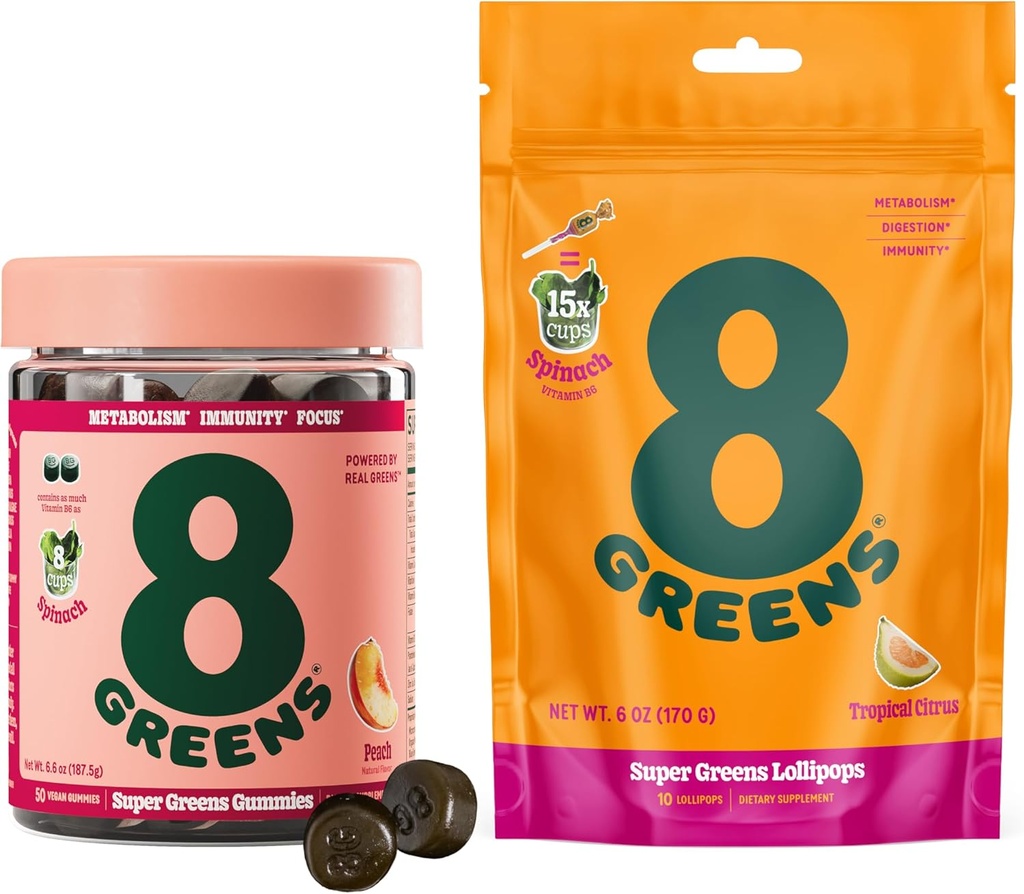 8Greens Daily Greens Gummies et Lollipops, Energy & Immune Support, sans gluten, végétalien, non-OGM, pas de couleurs artificielles et arômes