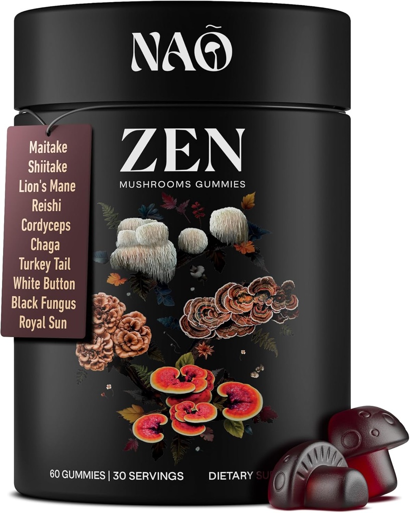 NAO Made in USA 10-en-1 Mushroom Gummies Nootropic – Premium Blend avec Reishi, Lion, Mane, Chaga, Cordyceps, Shiitake, Maitake & Turkey Tail pour Cerveau, Immune & Soutien énergétique – Non-OGM, Vegan