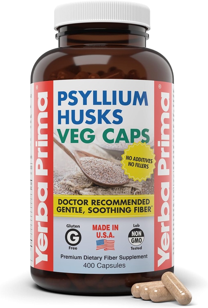 Yerba Prima Psyllium Husks Veg Caps, 400 Capsules (625mg) - Vegan, Non-OGM, Sans gluten, Colon Cleanser, Supplément de fibre quotidienne pour la santé et la régularité Gut