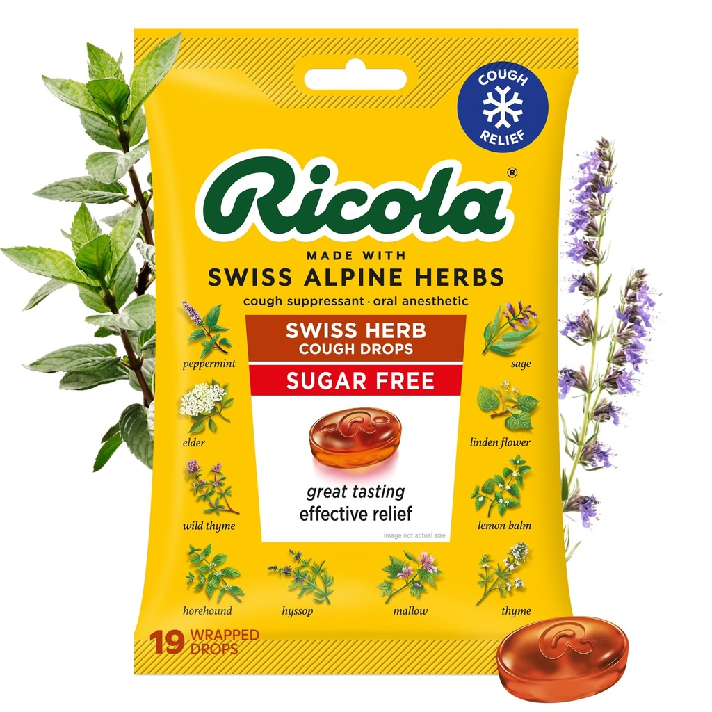 Ricola sans sucre Swiss Herb Toux gouttes, 19 comtes, Toux Suppressant & Gorge Soulager les gouttes avec menthol naturel, plaisir du goût pour les Toux et l'irritation de la gorge Symptôme de soulagement
