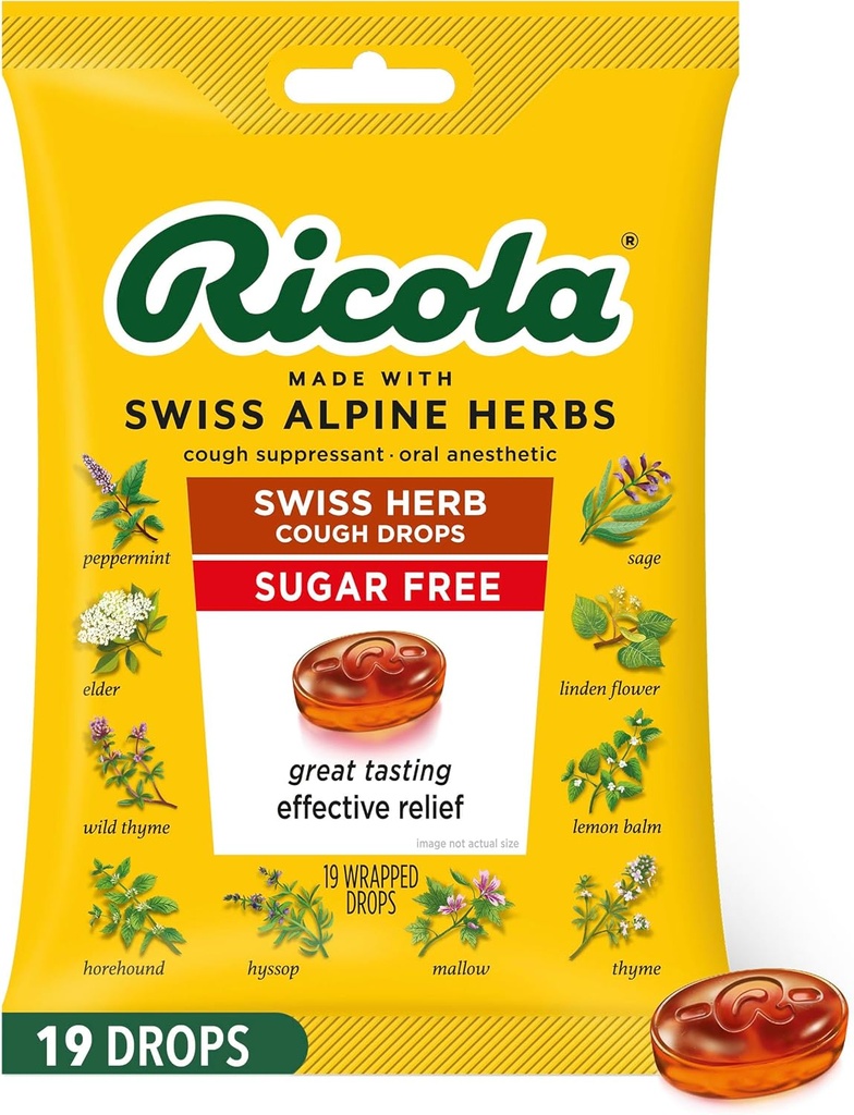 Ricola sans sucre Swiss Herb Toux gouttes, 19 comtes, Toux Suppressant & Gorge Soulager les gouttes avec menthol naturel, plaisir du goût pour les Toux et l'irritation de la gorge Symptôme de soulagement