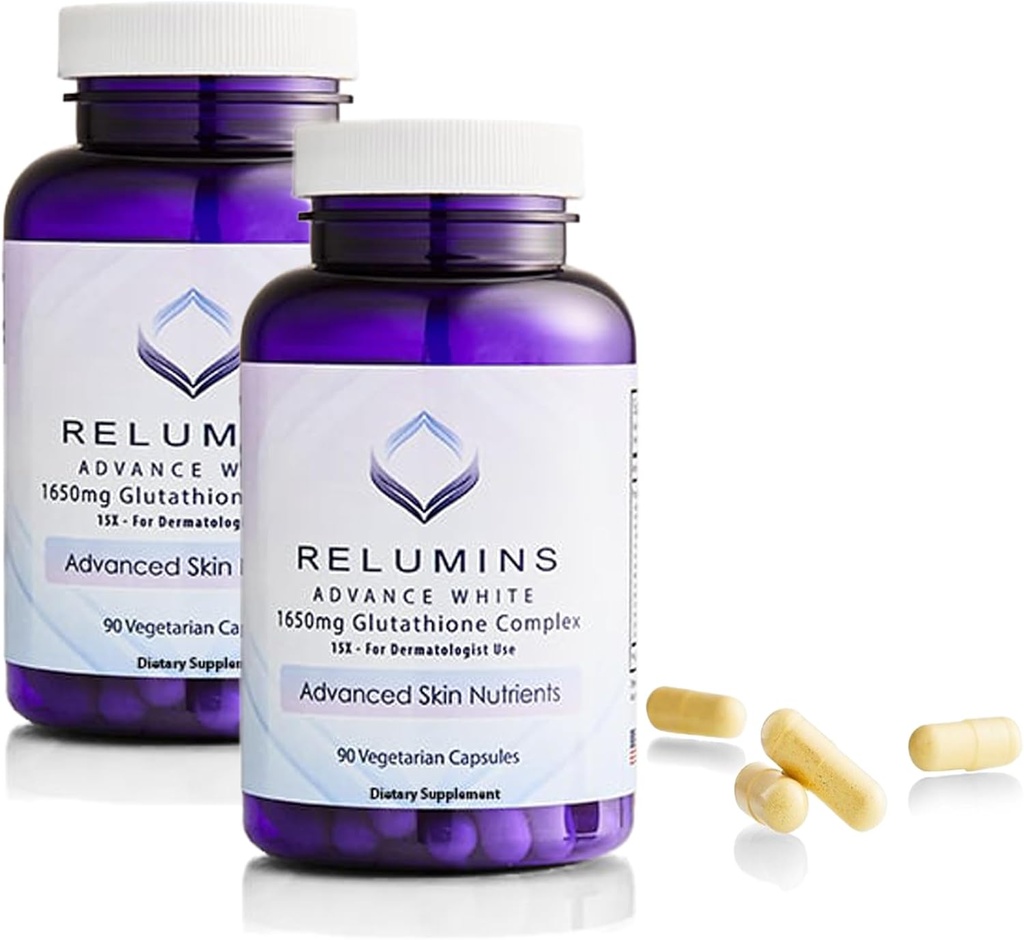 Relumins L-Glutathion Complex 1650mg - Support antioxydant avec acide alpha lipoïque, NAC, L-méthionine, vitamine E, supplément de santé de la peau, fabriqués aux États-Unis - 90 Capsules végétariennes x 2 bouteilles