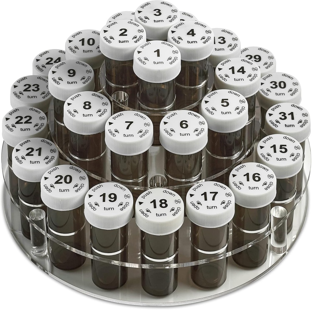 Organisateur mensuel de bouteilles de pilules Caddy - 31 bouteilles de pilules de taille complète numérotées w enfant-proof lids pour chaque jour du mois- rack clair et facile à utiliser pour la dose quotidienne de vitamines et suppléments de médicaments