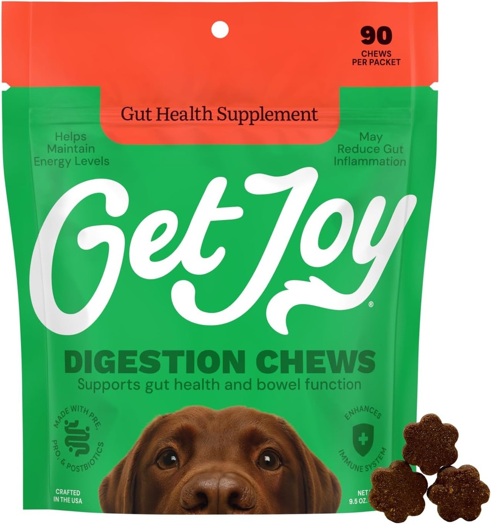 Get Joy Digestion Chews, Gut Health Supplement for Dogs, Vet Recommended Soft Daily Digestive Health & Immune Support avec Prébiotiques, Probiotiques et Postbiotiques, Fabriqué aux États-Unis, 90 Compte