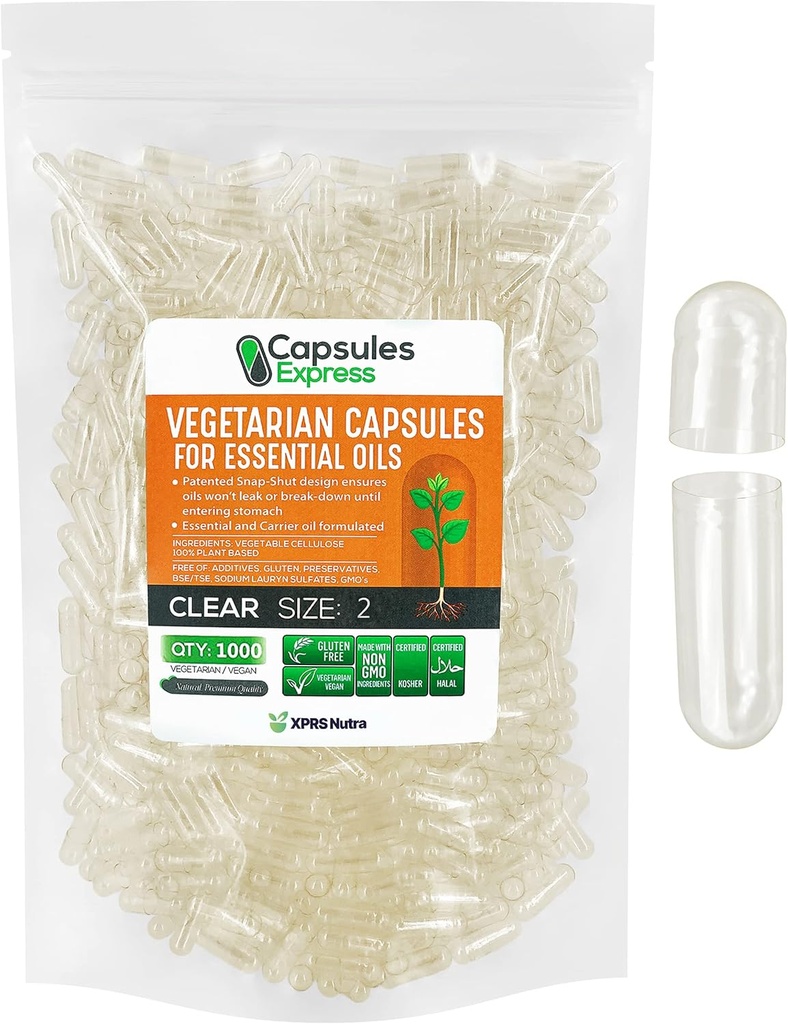 XPRS Nutra Taille 2 Capsules Vegan vides - 1000 Capsules Végétiques claires pour la plupart des huiles essentielles - pilules végétales vides - remplissage d'huile de bricolage