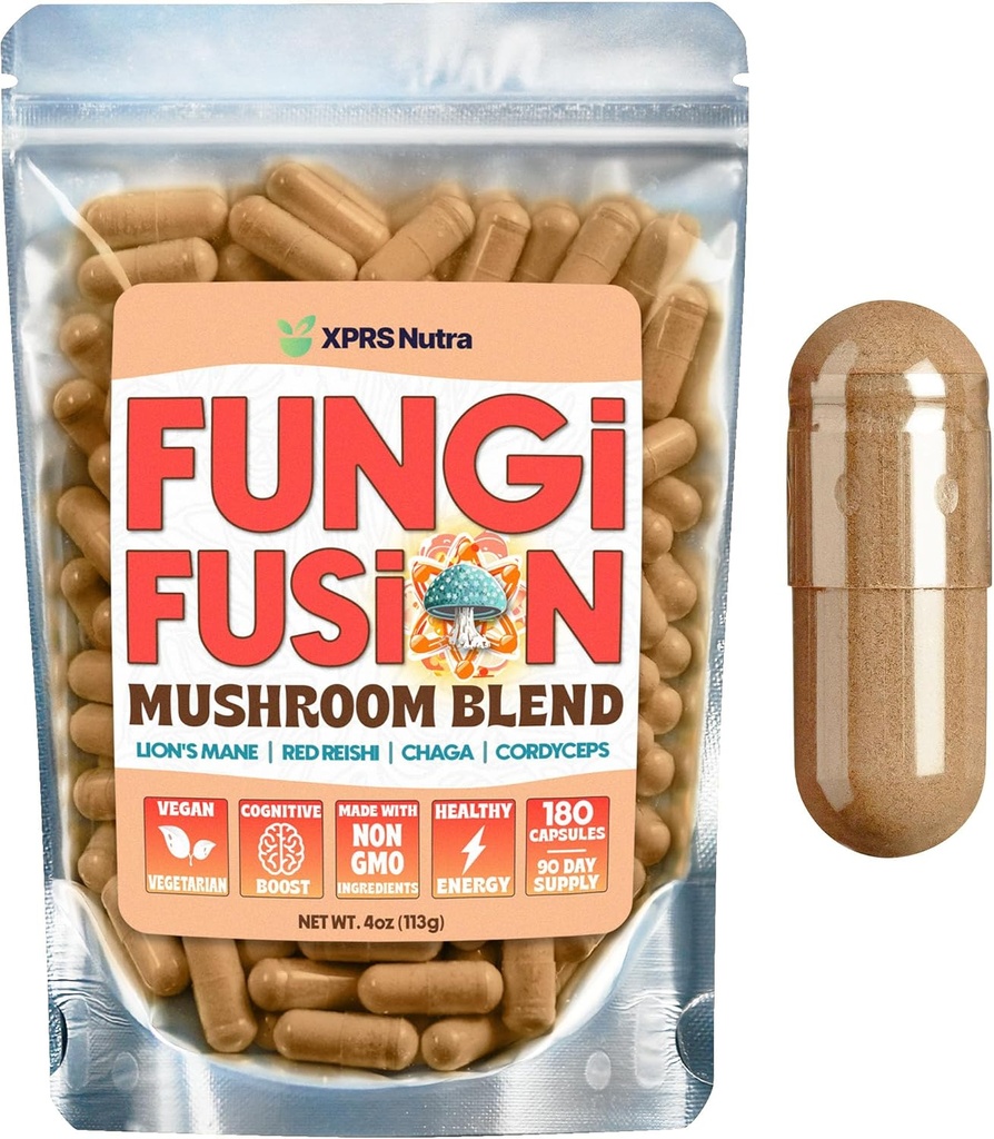 XPRS Nutra Fungi Fusion Mushroom Mix Capsules - 180 Compte (90 jours d'approvisionnement) Mélange Premium de Lion Mane, Reishi, Chaga, Cordyceps Capsules pour soutenir la clarté mentale, la cognition, l'énergie et l'immunité