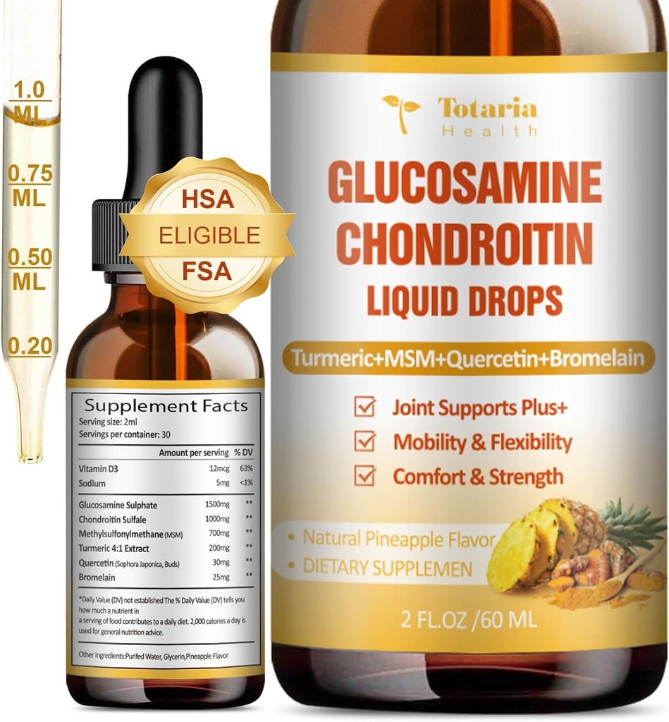 Glucosamine Chondroïtine MSM gouttes liquides FSA-HSA - Supplément de soutien conjoint pour la mobilité, la flexibilité et les os Chondroïtine Supplément de sulfate Turmère, Quercetin, Bromelain, MSM Oil 2 FL.OZ