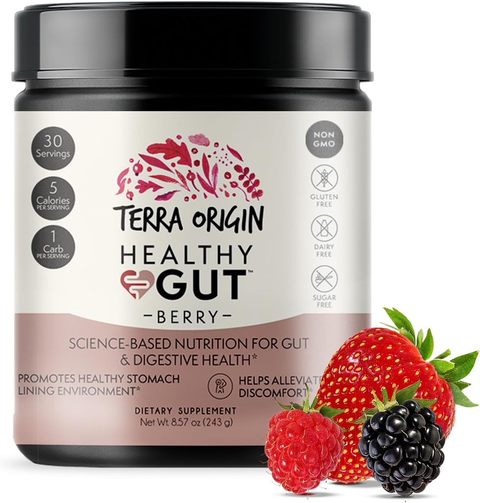 ORIGINE TERRA Poudre de Gut saine (Berry Flavor) : 30 portions de L-glutamine, de zinc, de glucosamine, d'écorce d'orme de sliptery, de racine de marshmallow et bien plus encore !