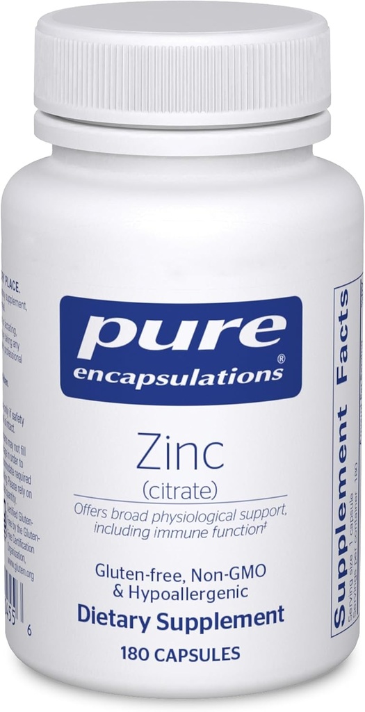 Pure Encapsulations Zinc (Citrate) - for Immune System, Tissue Development & Metabolism* - Mineral Supplement with Enzymes - Highly Absorbable Zinc - Vegan & Non-GMO - 180 Capsules
