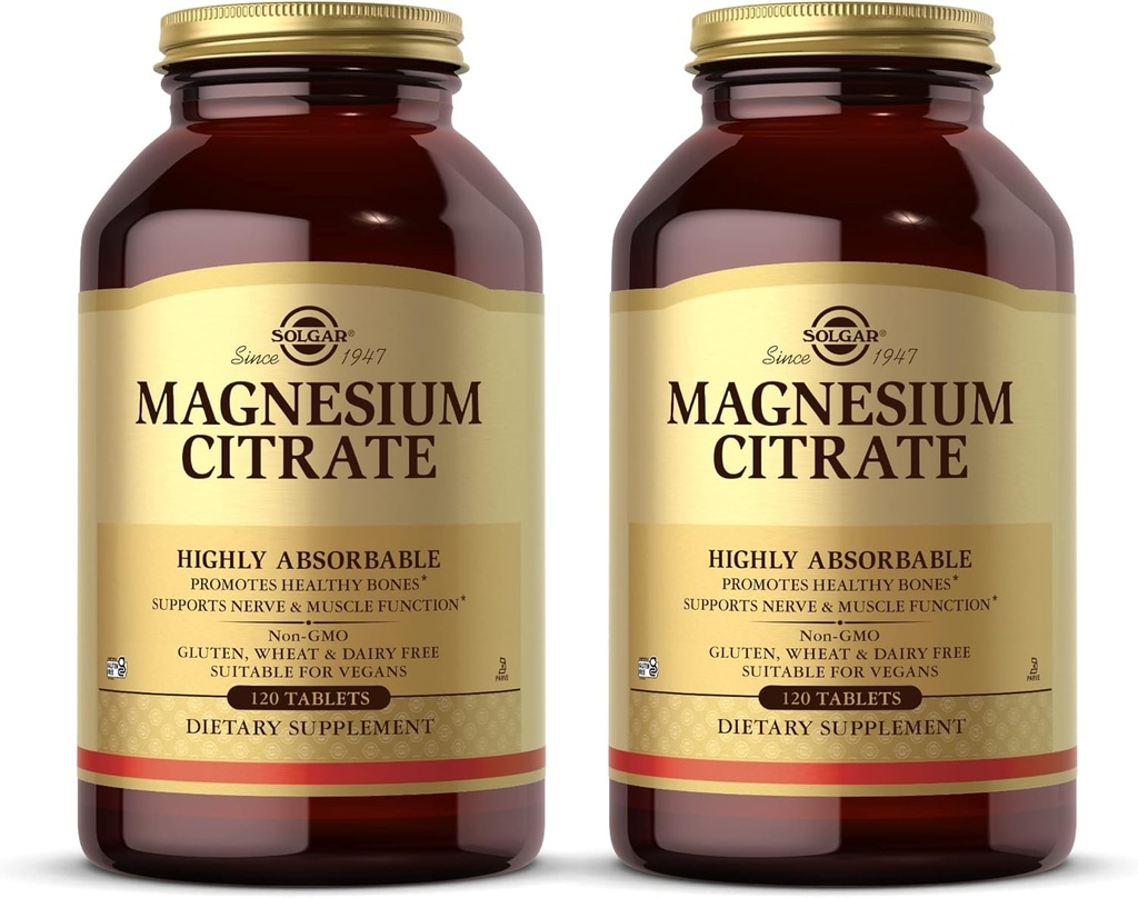 Citrate de magnésium de Solgar - 120 comprimés, paquet de 2 - Supporte la fonction nerve et musculaire - hautement absorbant - Non-OGM, végétalien, sans gluten, casher - 120 Total des services