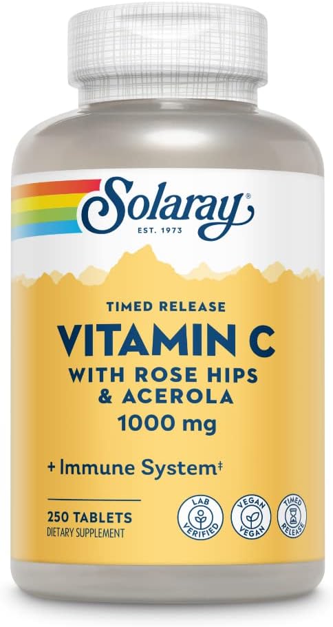 SOLARAY Vitamin C w/Rose HIPS & Acerola | 1000mg | Two-Stage Timed-Release Healthy Immune Function, Skin, Hair & Nails Support | Non-GMO | 250ct