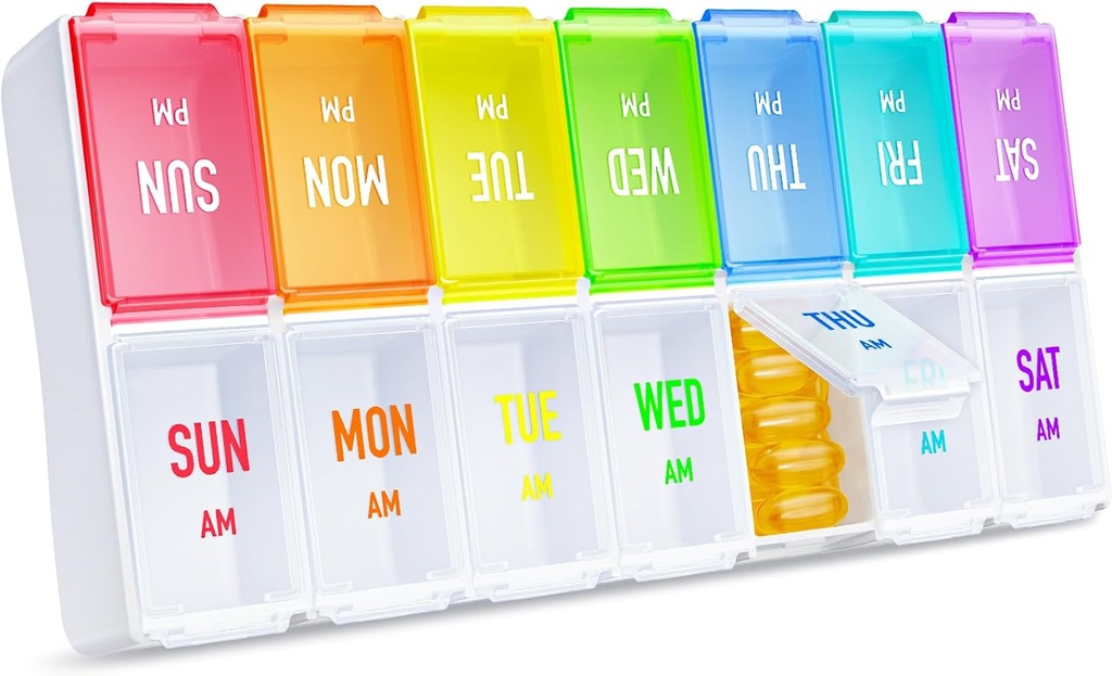 ZIKEE Rainbow Weekly Pill Organizer 2 fois par jour pour le suivi facile, AM PM Pill Case, grande boîte à pilules de 7 jours deux fois par jour, sans BPA-Organisateur de médicaments pour les pilules, vitamines, huiles de poisson, suppléments