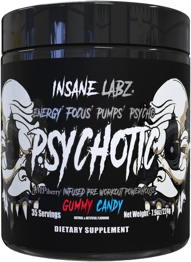 Insane Labz Psychotic Black Edition Mid Stimulant Pre Workout Powder, Energy Focus Pompes, Charged with Creatine Beta Alanine Taurine Alimenté par AMPiberry, 35 Serviettes (Gummy Candy)