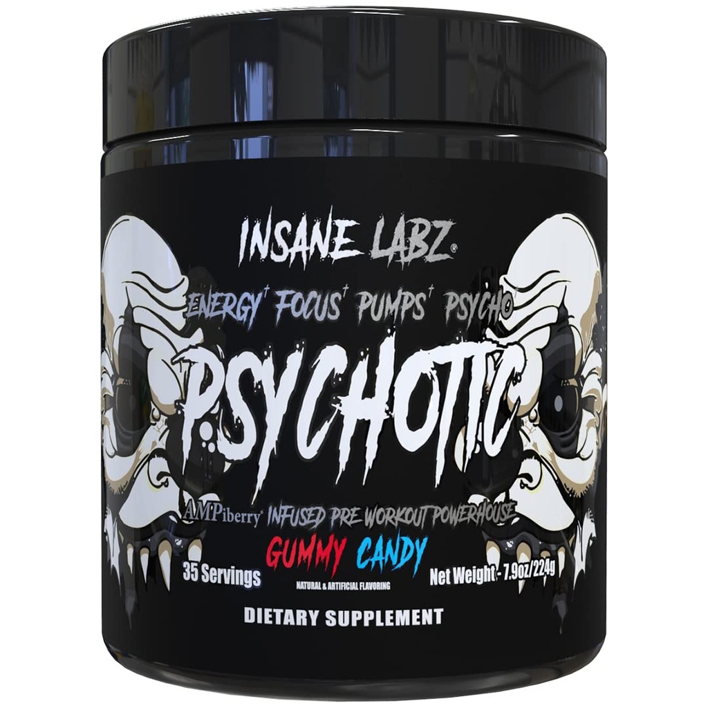Insane Labz Psychotic Black Edition Mid Stimulant Pre Workout Powder, Energy Focus Pompes, Charged with Creatine Beta Alanine Taurine Alimenté par AMPiberry, 35 Serviettes (Gummy Candy)