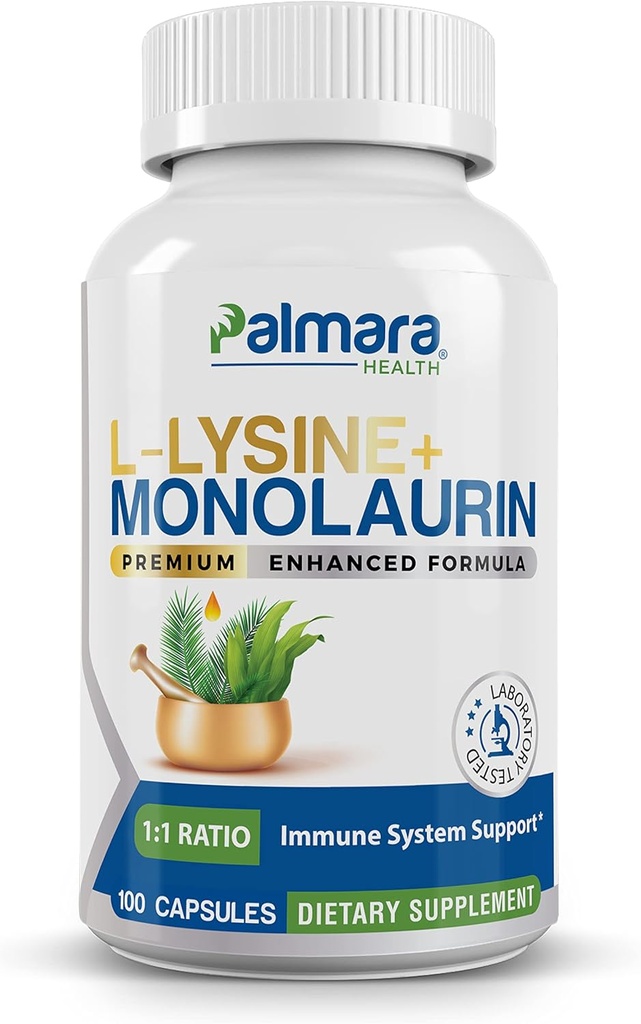 Palmara Health L-Lysine + Monolaurin 600mg 1:1 Rapport, 1 boîte, 100 capsules