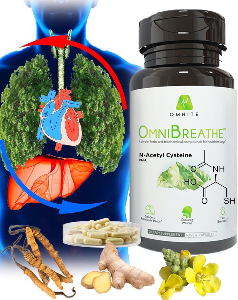 OMNIBREATHE - Amélioration rapide des problèmes respiratoires par NAC 600MG Formulé scientifiquement w. Quercetin/Mullein/Coq 10/Ginger/Stinging Nettle/Bromelain, 3 fois w. Repas (10 jours de ravitaillement pour stimuler)