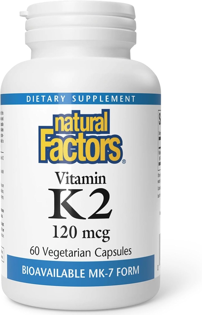 Facteurs naturels, vitamine K2 120 mcg, soutient la santé osseuse et vasculaire, 60 capsules