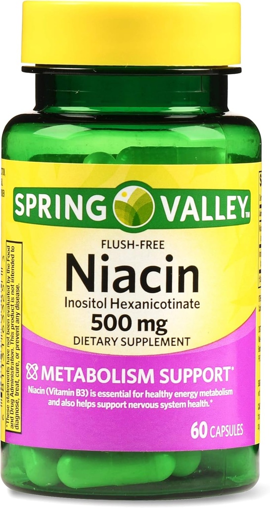 Niacine sans flush de Spring Valley 500 mg Soutien au métabolisme, 60 capsules (paquet de 2)