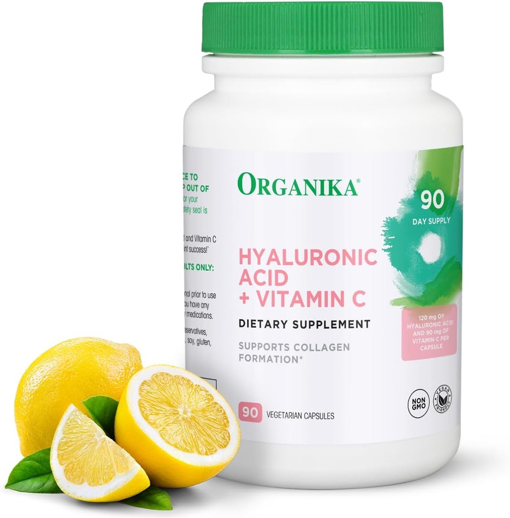 Organika Supplément à l'acide hyaluronique avec vitamine C (90 capsules végétales): Symbiotique Joint Wellness, Collagen, & Skin Hydratation Powerhouse - Suppléments à l'acide hyaluronique amélioré pour la mobilité et la beauté