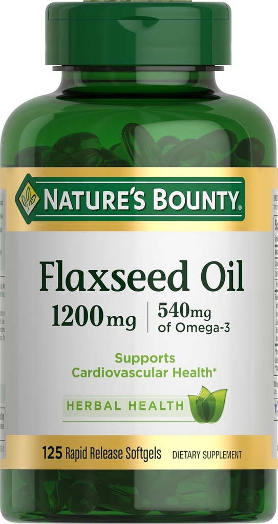 Nature's Bounty Flaxseed et Omega 3, supplément alimentaire, soutient la santé cardiovasculaire, 1200mg, Softgels, 125 ct