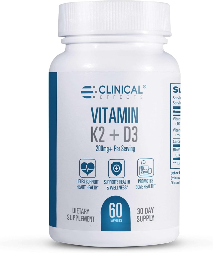 Effets cliniques Vitamine K2 + D3 - K2 + D3 Supplément de vitamine avec extrait de poivre noir biopérine et calcium pour la santé des os et du coeur - 60 Capsules - Max Absorption - Fabriqué aux États-Unis