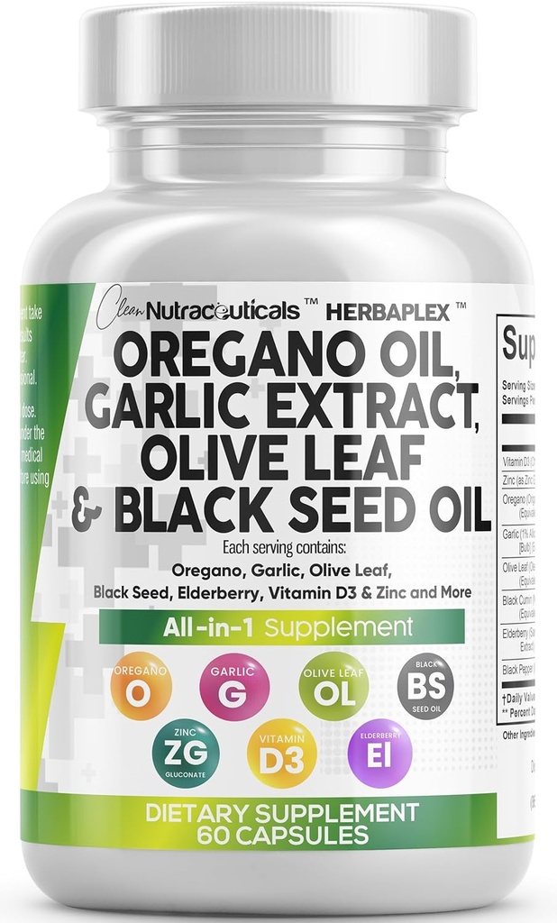 Huile Nutra Origan propre à l'huile de graines noires Extrait de feuille d'olive ailique - Huile d'Origan Capsules Immune Soutien Carvacrol & Thymoquinone Supplément pour les femmes et les hommes + Vitamine D3 & Zinc