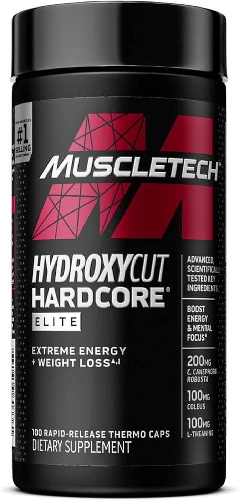 Hydroxycut Hardcore Elite - 100 capsules thermos à libération rapide - Énergie et Focus - pour hommes et femmes - 50 portions