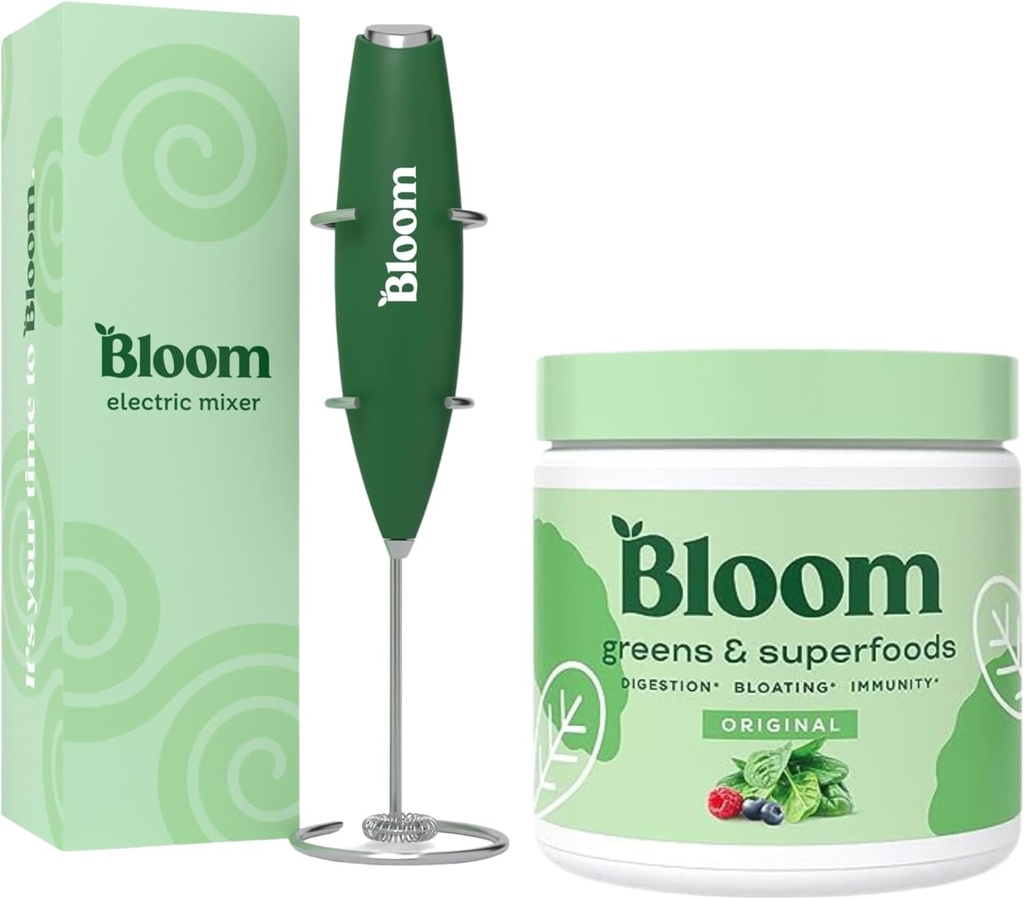 Bloom Nutrition Superfood Greens Poudre, enzymes digestives avec probiotiques et prébiotiques, Gut Health, Bloating Relief, Original + Lait Frother Mélangeur main haute puissance