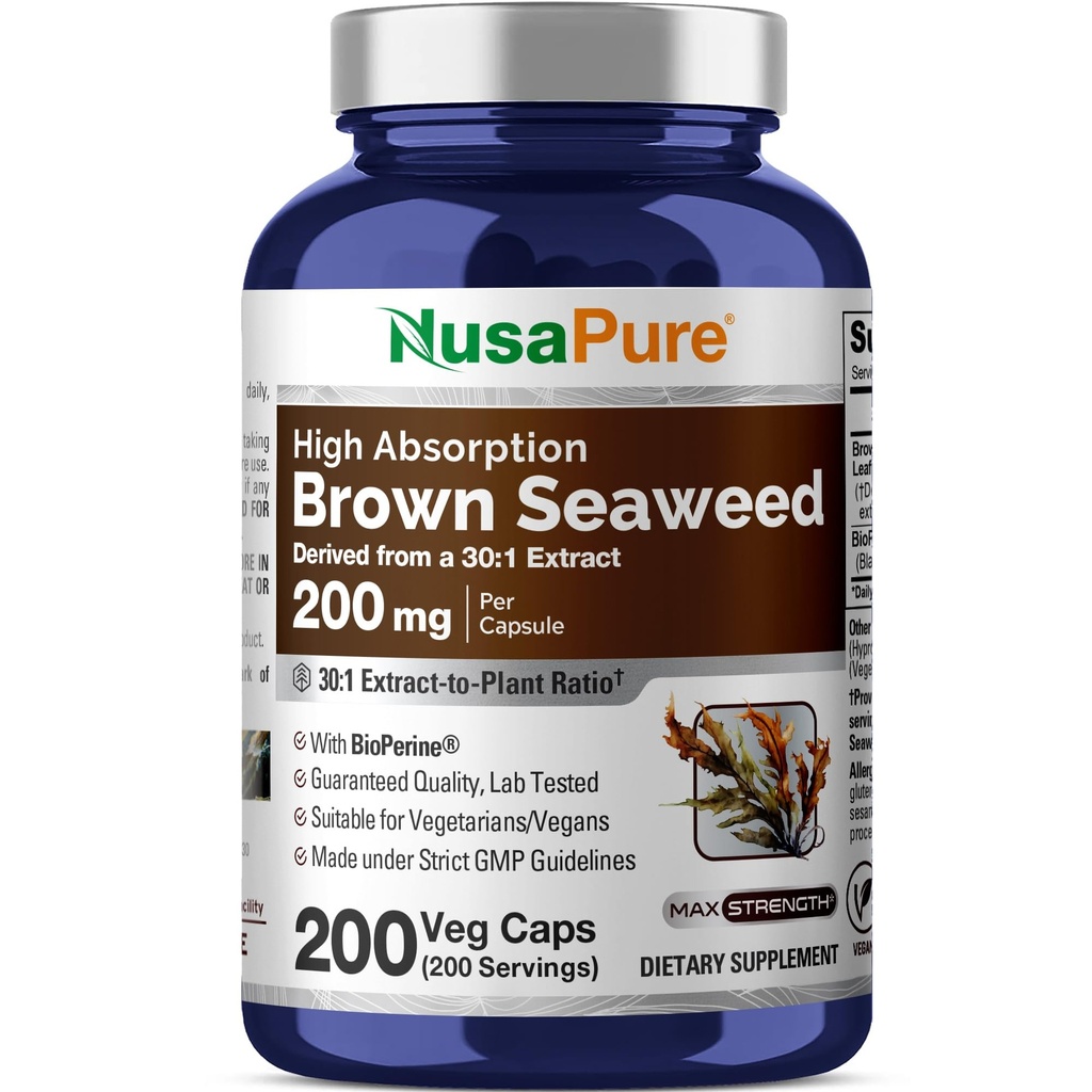 NusaPure Brown Seaweed Capsules, 200 mg, 200 Veg Capsules (Non-GMO, Vegan)