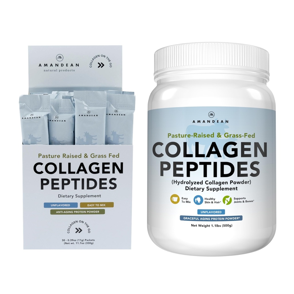 AMANDEAN Collagen Peptides Bundle. 1kg & Stick Packs. Protéines avec 18 acides aminés pour une peau saine, cheveux, ongles. Facile à mélanger, non aromatisé, non OGM