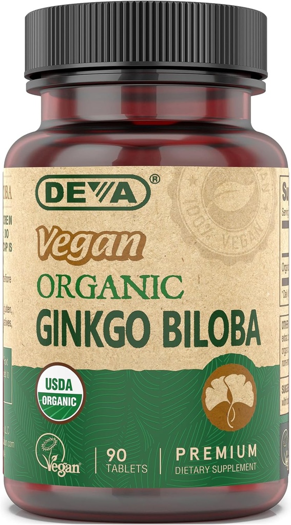 DEVA Vegan Ginkgo Biloba Dietary Supplement, USDA Organic, Vegan Society Certifié, Comprimés minuscules faciles à avaler, 300 mg., bouteille 90-Count