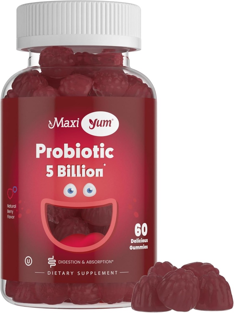 Maxi Health Yum, Gummies probiotiques avec 5 milliards d'UFC de probiotiques de santé digestive, Berry naturel certifié Kosher Flavor Gut Santé Gummy chowable Suppléments pour les hommes et les femmes, 60 Gummies