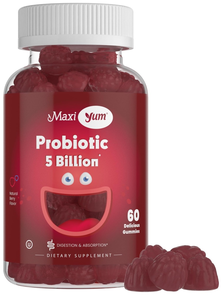 Maxi Health Yum, Gummies probiotiques avec 5 milliards d'UFC de probiotiques de santé digestive, Berry naturel certifié Kosher Flavor Gut Santé Gummy chowable Suppléments pour les hommes et les femmes, 60 Gummies