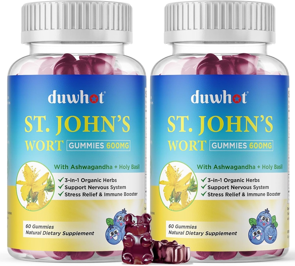 St John's Wort Gummies 600mg, 3 suppléments à base de plantes biologiques en 1 pour soulager le stress, support du système nerveux, avec Ashwagandha & Holy Basil Extract pour adultes et enfants, non-OGM, végétalien, 120 ct.