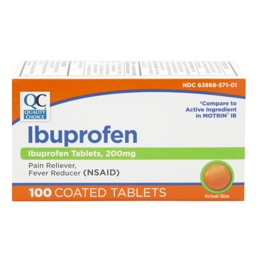 Quality Choice Ibuprofen Tablets, 200 mg, Pain Reliever and Fever Reducer for Arthritis, Toothache, Back Pain, Headache, Body Aches, and More 100 Count of Coated Tablets