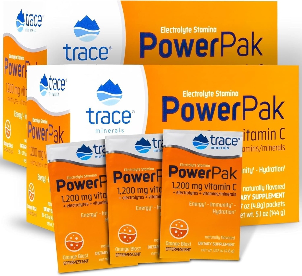 Trace Minéraux Power Pak Electrolyte Powder Packets $ 1200 mg Vitamine C, zinc, magnésium $ Boost Immunité, hydratation et énergie naturelle $ Orange Blast $ 60 Packets