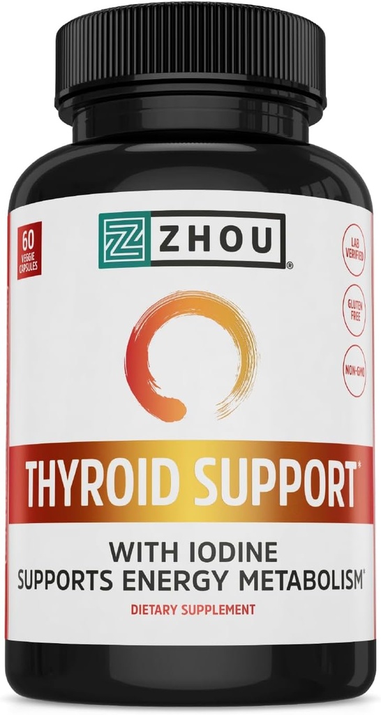 Zhou Thyroïde Support - Supplément Thyroïde pour les femmes et les hommes avec Zinc, Iodine, et Sélénium, Complexe Métabolique de la Santé Thyroïde avec Ashwagandha, Kelp - 60 Capsules Veggie (Pack de 1)