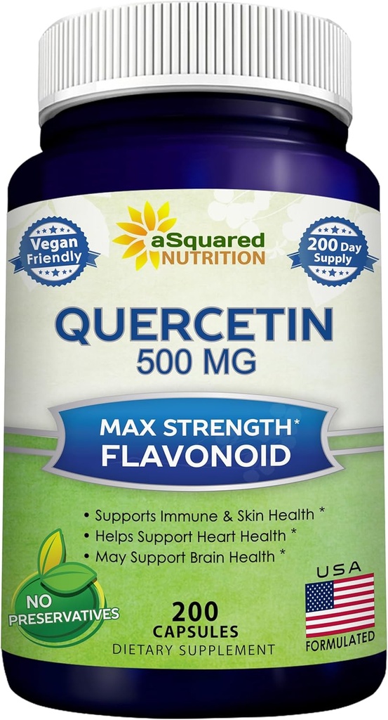 aSquared Nutrition Quercetin 500mg Supplément - 200 Capsules - Quercetin Dihydrate pour soutenir la santé cardiovasculaire - Pilules complexes de poudre Max Strength pour aider à améliorer la réponse immunitaire
