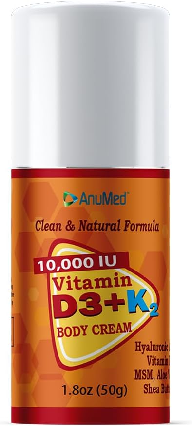 ANUMED - Vitamine D3 avec crème K2 10000 UI + Magnésium + Acide Hyaluronique + Vitamine E. Promote des os, des muscles, des articulations plus forts. Absorption maximale de calcium, taille de voyage (1.8oz) (Package May Vary)
