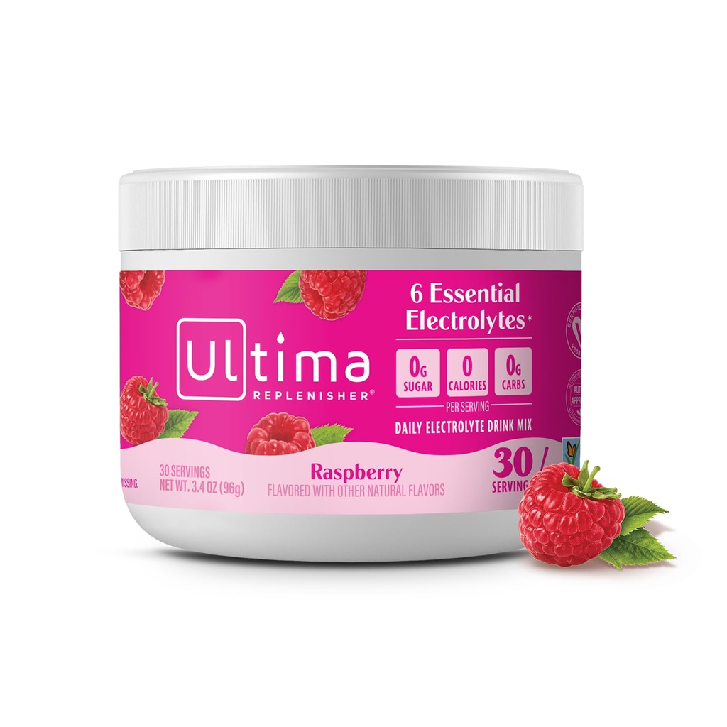 Ultima Replenisher Mélange quotidien de poudre d'électrolyte – sans sucre – framboise, 30 portions – poudre d'hydratation avec 6 électrolytes clés et minéraux traces – Keto Friendly, Vegan, Non-OGM