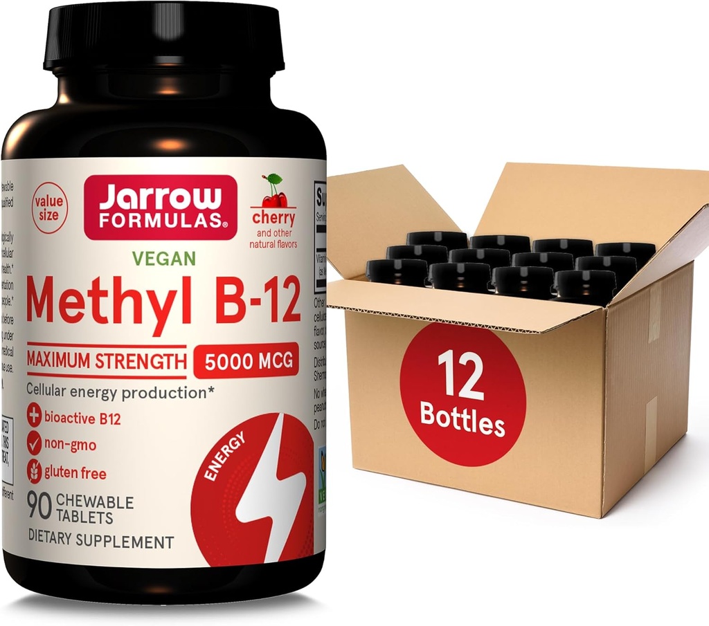 Formules de Jarrow Concentration maximale de méthyle B-12 5000 mcg Complément alimentaire - 90 comprimés à croquer au cerise - Vitamine bioactive B-12 - Soutient la production d'énergie cellulaire, la santé du sommeil et du cerveau (paquet de 12)