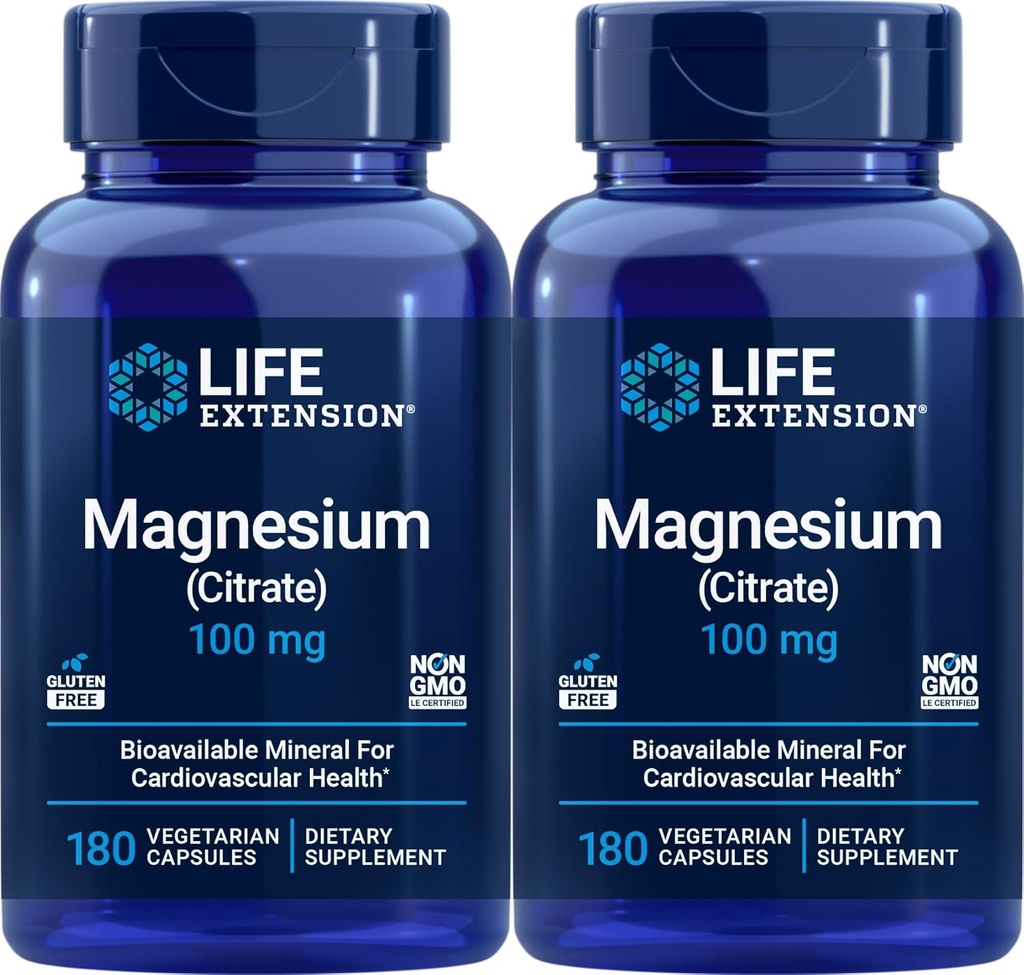 Prolongation de la durée de vie Magnésium (Citrate) 100mg, 180capsules de légumes (paquet de 2) - Supplément Mag