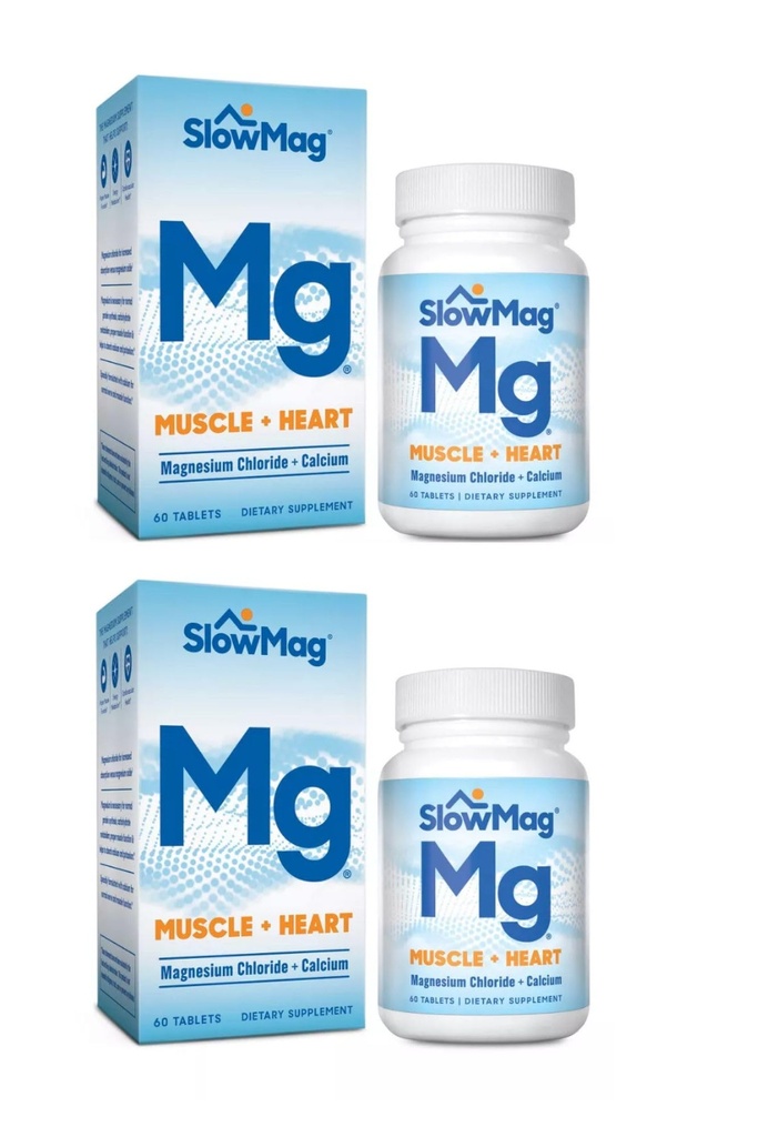 SlowMag Mg Muscle + Coeur, soutient la relaxation musculaire et la santé cardiaque. Chlorure de magnésium + calcium, comprimés à libération lente, facile à absorber et doux sur l'estomac. 60 Compte (paquet de 2)