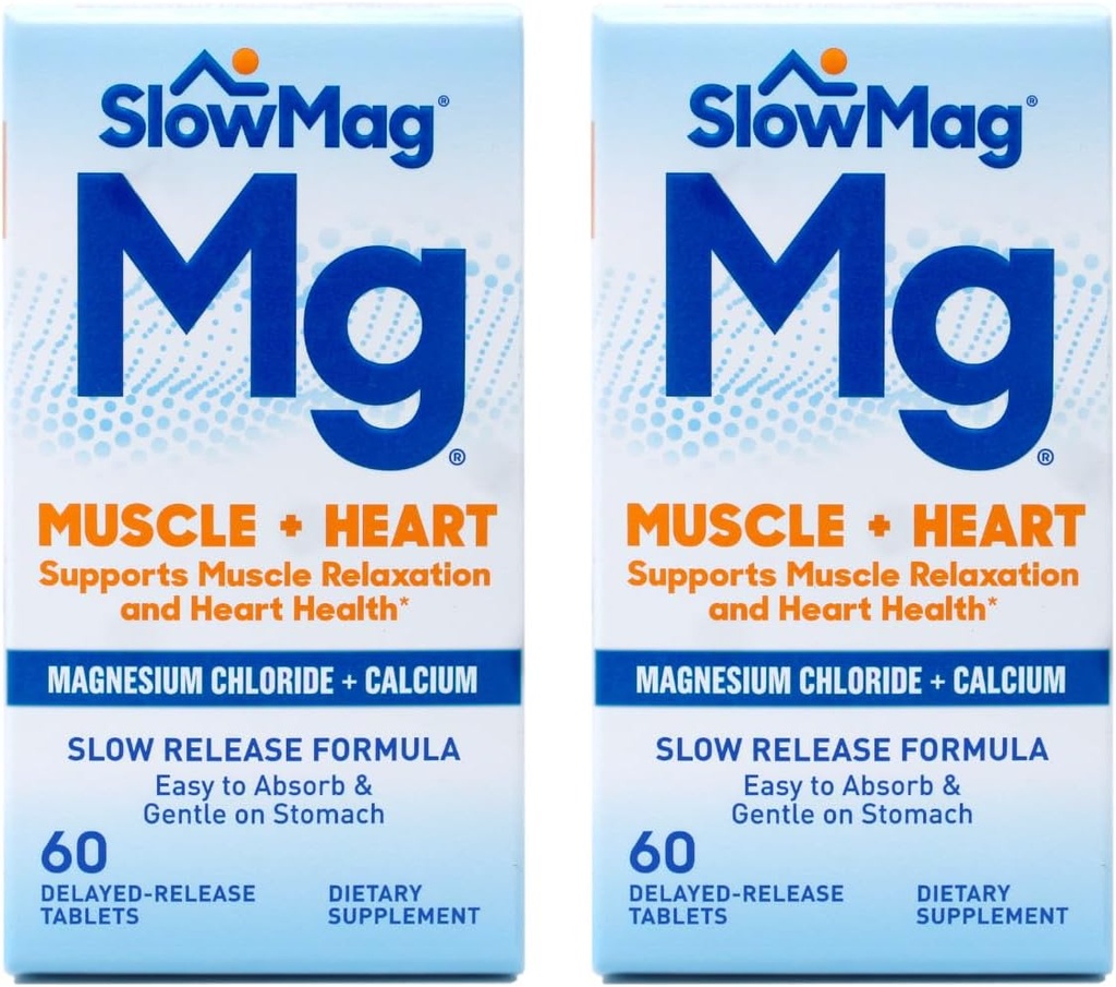 SlowMag Mg Muscle + Coeur, soutient la relaxation musculaire et la santé cardiaque. Chlorure de magnésium + calcium, comprimés à libération lente, facile à absorber et doux sur l'estomac. 60 Compte (paquet de 2)