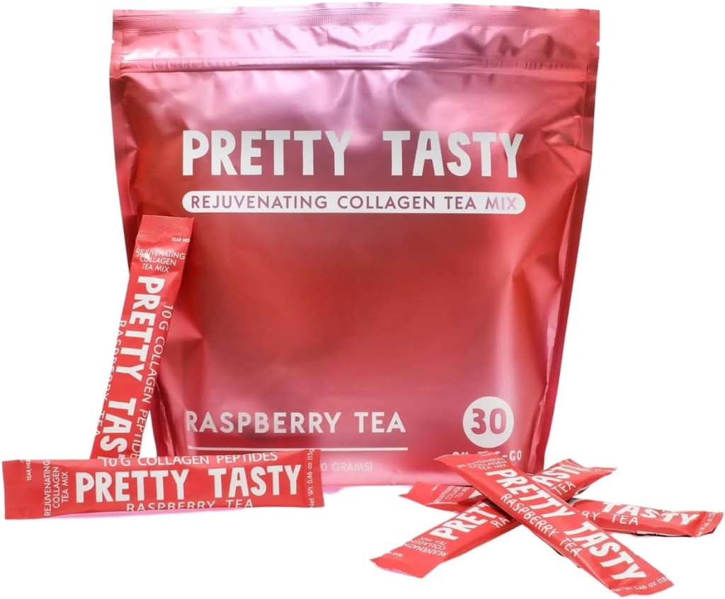 Pretty Tasty Raspberry Radiance Collagen Tea - Stick Pack Pouch, Sun-Kissed Raspberry Blend, Beauty and Wellness, 10g Collagen Peptides Mix, 30 Compte