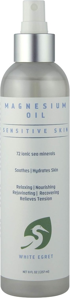 Egret blanc , Vaporisateur d'huile de magnésium peau sensible avec 72 Ionique mer Minéraux , Apaisant , Nourrissant , rajeunissant et récupérant propriétés , 8 Fl Oz