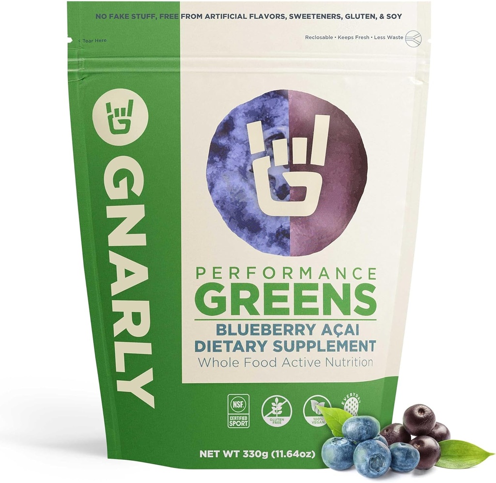 Gnarly Nutrition Greens Superfood Powder – Blueberry Acai Performance Super Greens Powder – NSF Sport certifié – bio, probiotiques et micronutriments essentiels - Blueberry Acai, 11.64 oz