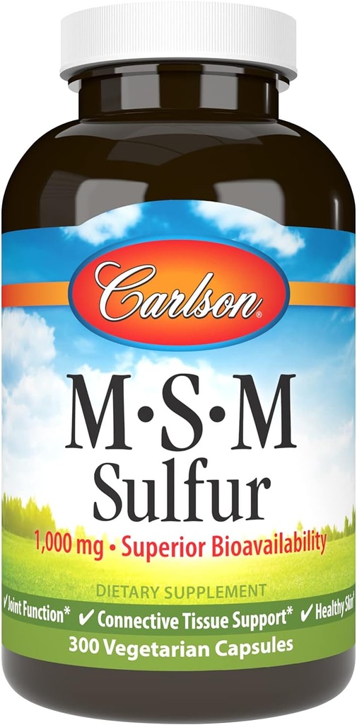 Carlson - M-S-M Sulfur, 1000 mg - Superior Bioavailability, Joint Function, Connective Tissue Support & Healthy Skin, 300 Vegetarian Capsules