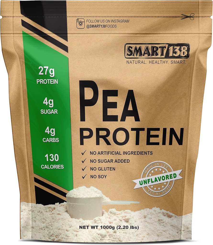 Protéine de pois 100% pure, poudre ultra lisse, végétalien, sans gluten, sans soja, sans laiterie, non-OGM, États-Unis/Canada, kéto (graisse), BCAAs naturelles (1000g / 2,2lbs, non aromatisé)