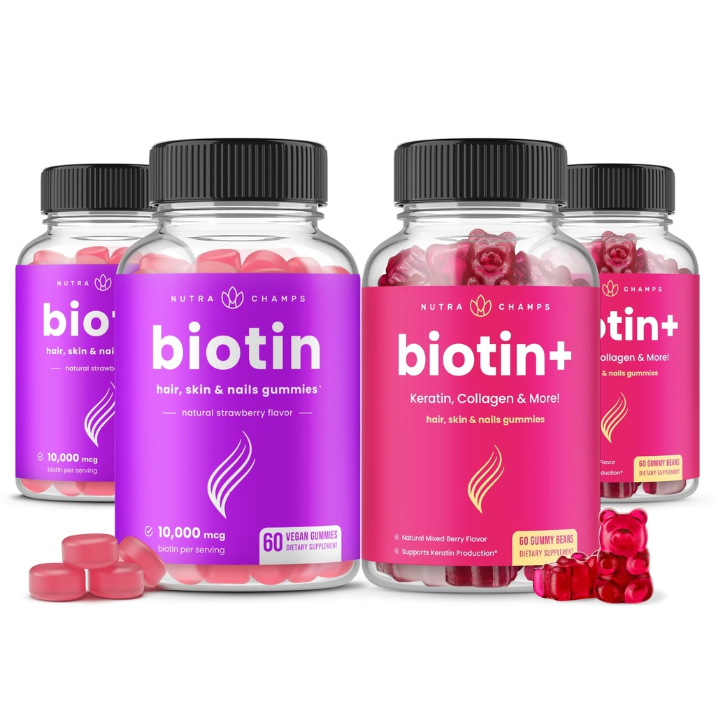 NutraChamps Biotin & Biotin+. Le duo complet pour cheveux, peau et ongles. Biotine, collagène, kératine et plus